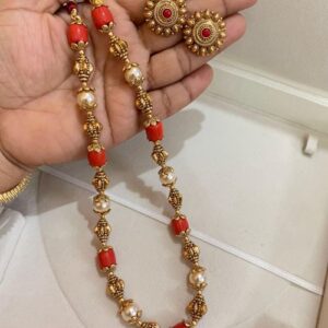 Coral and Gold Beaded Necklace Set