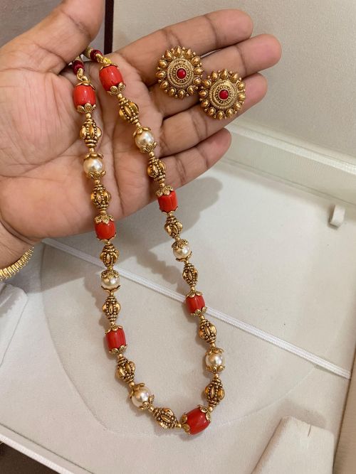 Coral and Gold Beaded Necklace Set